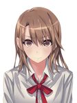  brown_eyes brown_hair dress_shirt eyebrows_visible_through_hair grey_shirt hair_between_eyes highres isshiki_iroha long_hair looking_at_viewer neck_ribbon red_ribbon redpoke ribbon shirt simple_background smile solo white_background yahari_ore_no_seishun_lovecome_wa_machigatteiru. 