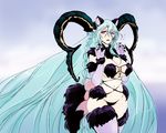  absurdly_long_hair animal_ears blue_hair blush braid breasts cosplay dangerous_beast elbow_gloves fate/grand_order fate_(series) fur_trim gloves halloween_costume horns karakure_(kamo-nanban) large_breasts long_hair looking_at_viewer mash_kyrielight mash_kyrielight_(cosplay) navel open_mouth pointy_ears purple_eyes solo symbol-shaped_pupils tail thighhighs tiamat_(fate/grand_order) very_long_hair wolf_ears wolf_tail 