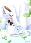  blue_eyes bow creamer_(vessel) cup dated hair_bow highres in_container in_cup long_hair looking_at_viewer minigirl original pink_hair red_bow saucer signature spoon stuffed_animal stuffed_bunny stuffed_toy sugar_cube tea_kettle teacup watch yuitsuki1206 