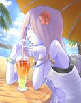 absurdres bad_id bad_pixiv_id bare_shoulders beach day hair_over_one_eye highres ice_keki little_witch_academia long_hair looking_at_viewer outdoors pale_skin pink_hair red_eyes sky smile solo sucy_manbavaran tropical_drink witch 