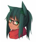  absurdres alternate_costume animal_ears anubis_(monster_girl_encyclopedia) artist_request bangs black-framed_eyewear blush casual closed_mouth commission eyebrows_visible_through_hair glasses green_eyes green_hair highres long_hair looking_at_viewer monster_girl_encyclopedia ponytail portrait red_scarf scarf simple_background smile solo white_background wolf_ears 