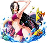  armpits bikini black_hair blue_eyes boa_hancock bodskih breasts cleavage fish floating_hair hand_on_hip large_breasts long_hair lowres navel o-ring o-ring_bikini one_piece parted_lips red_bikini sideboob smile solo standing swimsuit transparent_background underboob very_long_hair wading 