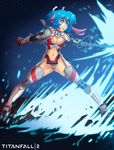  armor ass_visible_through_thighs bare_shoulders blue_eyes blue_hair breasts cleavage copyright_name debris elbow_gloves electricity gloves headband highres hmage mecha_musume medium_breasts navel ronin_(titanfall_2) sword thighhighs thighs titanfall titanfall_2 weapon 