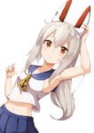  ame. armpits ayanami_(azur_lane) azur_lane collarbone dutch_angle expressionless eyebrows_visible_through_hair headgear long_hair looking_at_viewer navel open_mouth pleated_skirt red_eyes school_uniform serafuku skirt sleeveless white_hair 