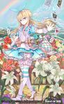  alice_(force_of_will) apron blonde_hair blue_eyes boots bug butterfly card copyright_name dagger day dress flower force_of_will hairband highres insect leaf long_hair mountain official_art rainbow sky solo star weapon wednesday_(starsilver) 