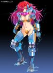  armor breasts clenched_hands electricity gradient_hair high_heels highres hmage ion_(titanfall_2) large_breasts mecha_musume multicolored_hair navel personification purple_hair red_eyes red_hair revealing_clothes solo stomach titanfall titanfall_2 
