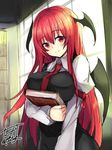  bangs black_skirt book breasts closed_mouth commentary_request demon_wings head_wings indoors koakuma large_breasts long_hair long_sleeves looking_at_viewer puffy_long_sleeves puffy_sleeves red_eyes red_hair red_neckwear skirt skirt_set smile solo tirotata touhou very_long_hair vest window wings 