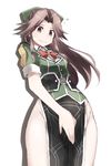  black_skirt bow bowtie brown_eyes brown_hair buttons closed_mouth cosplay covering covering_crotch cowboy_shot eyebrows eyebrows_visible_through_hair eyes_visible_through_hair floating_hair flying_sweatdrops green_bow green_shirt groin hair_bow hair_intakes hip_vent jintsuu_(kantai_collection) kantai_collection light_frown long_hair looking_away looking_down no_panties puffy_short_sleeves puffy_sleeves red_bow red_neckwear remodel_(kantai_collection) sash shirt short_sleeves side_slit sidelocks silhouette silver_background simple_background skirt solo souji standing sweatdrop tone_(kantai_collection) tone_(kantai_collection)_(cosplay) 