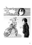  blank_speech_bubble choufu_shimin comic dress frilled_dress frills greyscale hyuuga_(kantai_collection) kantai_collection monochrome multiple_girls one_eye_closed opera_glasses peacock_feathers shinkaisei-kan speech_bubble sweatdrop ta-class_battleship visible_air 