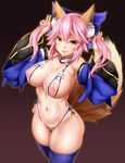  animal_ears bikini blue_bikini blue_legwear blush breasts commentary_request crotchless_swimsuit detached_collar detached_sleeves fang fate/extra fate_(series) fox_ears fox_tail hair_ribbon large_breasts long_hair looking_at_viewer navel nippleless_clothes nipples oni-noboru open_mouth pink_hair pubic_hair revision ribbon smile solo swimsuit tail tamamo_(fate)_(all) tamamo_no_mae_(fate) thighhighs yellow_eyes 
