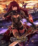  armor black_gloves black_shorts boots breasts cleavage copyright_name elbow_gloves fire floating_hair gloves grey_footwear holding holding_sword holding_weapon jname knee_boots large_breasts long_hair looking_at_viewer outdoors red_eyes red_hair shingeki_no_bahamut short_shorts shorts shoulder_armor smile solo spaulders sword thighhighs walking weapon 