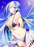  absurdres arm_behind_back bad_id bad_pixiv_id bare_shoulders bikini blue_flower blue_hair blue_rose blue_sky blush bow breasts brynhildr_(fate) choker cleavage cowboy_shot day fate/prototype fate_(series) flower green_bow hair_flower hair_ornament hair_over_one_eye highres leaning_forward light_rays lips long_hair looking_at_viewer may_(2747513627) medium_breasts multicolored_hair navel outdoors parted_lips purple_bikini purple_eyes purple_neckwear rose shiny shiny_skin silver_hair sky solo sparkle staff standing stomach sunbeam sunlight swimsuit thigh_strap thighs two-tone_hair very_long_hair waist_cape water water_drop wrist_wrap 