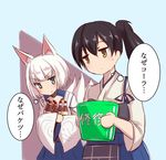  :| animal_ears azur_lane black_hair blue_eyes blue_skirt bottle brown_eyes bucket closed_mouth cola commentary_request crossover fox_ears fox_tail fujikusa hakama_skirt highres kaga_(azur_lane) kaga_(kantai_collection) kantai_collection kikumon multiple_girls muneate namesake repair_bucket short_hair side_ponytail skirt sweatdrop tail tasuki thought_bubble translated upper_body v-shaped_eyebrows white_hair 