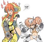  armor ass_punch blush breasts cannon cleavage english gun height_difference hmage large_breasts mecha_musume multiple_girls navel orange_hair panties personification punching reaper_(titanfall_2) scorch_(titanfall_2) small_breasts smile sound_effects thighhighs titanfall titanfall_2 underwear weapon 