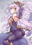  armpits ass bare_shoulders bodysuit breasts elbow_gloves gloves hair_between_eyes headpiece lavender_hair long_hair looking_at_viewer medusa_(shingeki_no_bahamut) partly_fingerless_gloves pointy_ears pout red_eyes shingeki_no_bahamut sitting small_breasts snake solo tail very_long_hair yukishiro_arute 