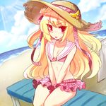  azur_lane beach bench bikini blush breasts cloud collarbone crescent crescent_(azur_lane) crescent_hair_ornament day hair_ornament hat long_hair looking_at_viewer ocean open_mouth outdoors red_eyes sitting sky small_breasts solo straw_hat sun_hat swimsuit tanpopo_hayabusa-maru 