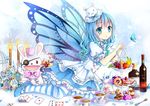  2015 blue_dress blue_eyes blue_hair blue_ribbon blue_wings bottle bug butterfly butterfly_wings date_a_live dress eyebrows_visible_through_hair eyepatch gyaza hair_between_eyes hair_ornament heart heart_print insect layered_dress long_hair looking_at_viewer ribbon short_dress short_sleeves solo striped striped_legwear thighhighs transparent wings yoshino_(date_a_live) yoshinon 