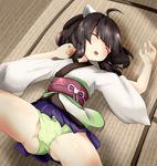  1girl ahoge black_hair blush bow bow_panties eyebrows_visible_through_hair eyes_closed female gradient gradient_clothes japanese_clothes kimio obi open_mouth panties pleated_skirt skirt sleeping solo spread_legs tatami touhoku_kiritan underwear vocaloid voiceroid white_kimono yarareimu yellow_bow yellow_kimono yellow_panties 