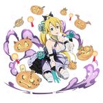  bandages between_legs blonde_hair blue_gloves bow breasts candle cleavage collarbone full_body gloves green_eyes hair_between_eyes hair_bow halloween_costume hand_between_legs kneeling layered_skirt leafa long_hair looking_at_viewer medium_breasts official_art pointy_ears ponytail pumpkin sidelocks solo star sword_art_online sword_art_online:_code_register sword_art_online:_memory_defrag tongue tongue_out transparent_background 