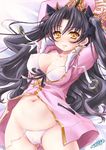  alternate_eye_color arms_up ass_visible_through_thighs bangs bed_sheet bikini black_hair black_ribbon blush breasts cameltoe cleavage closed_mouth coat collarbone commentary_request covered_nipples cowboy_shot dated earrings eyebrows_visible_through_hair fate/grand_order fate_(series) front-tie_bikini front-tie_top frown fur_trim glint hair_ribbon hoop_earrings inoue_tomii ishtar_(fate/grand_order) jewelry long_hair long_sleeves lying medium_breasts navel on_back on_bed open_clothes open_coat parted_bangs pink_coat ribbon side-tie_bikini sleeves_past_wrists solo stomach sweat swimsuit two_side_up untied untied_bikini very_long_hair wavy_hair white_bikini yellow_eyes 