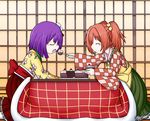  apron bell cake checkered checkered_kimono checkered_shirt closed_eyes commentary feeding floral_print flower food fork frilled_skirt frills from_side hair_bell hair_flower hair_ornament hieda_no_akyuu highres holding holding_plate japanese_clothes kimono kotatsu long_sleeves motoori_kosuzu multiple_girls obi orange_hair plate purple_hair raythalosm sash shirt short_hair skirt smile table touhou twitter_username two_side_up waist_apron wide_sleeves yuri 