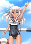  armpits black_swimsuit blonde_hair blue_eyes blue_sky bracelet character_name cloud cowboy_shot crop_top day flower hair_flower hair_ornament highres japanese_flag jewelry kantai_collection lifebuoy long_hair looking_at_viewer one-piece_swimsuit one-piece_tan ro-500_(kantai_collection) roura sailor_collar school_swimsuit shiny shiny_clothes sky solo swimsuit swimsuit_under_clothes tan tanline torpedo waving 