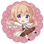  bag bangs blush bow brown_footwear brown_skirt character_name chibi doily eyebrows_visible_through_hair full_body gochuumon_wa_usagi_desu_ka? hair_bow handbag hoto_cocoa long_hair long_sleeves looking_at_viewer massala open_mouth orange_hair outline outstretched_arms pink_background pink_bow purple_eyes sailor_collar shirt short_twintails skirt smile solo spread_arms suspender_skirt suspenders twintails white_legwear white_outline white_shirt 