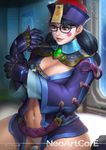  alternate_costume black_hair blush_stickers breasts cleavage dressing facepaint fangs glasses huge_breasts jiangshi jiangshi_mei mei_(overwatch) navel navel_piercing nudtawut_thongmai overwatch panties piercing solo stomach underwear 