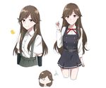  alternate_costume arashio_(kantai_collection) arm_warmers belt bird brown_eyes brown_hair buttons chibi closed_eyes cosplay dress duck highres imagining kantai_collection kasumi_(kantai_collection) kasumi_(kantai_collection)_(cosplay) long_hair long_sleeves looking_at_viewer morinaga_miki multiple_persona open_mouth pinafore_dress pleated_skirt remodel_(kantai_collection) school_uniform shirt short_sleeves simple_background skirt sleeveless sleeveless_dress smile suspenders white_background white_shirt 