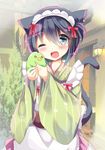  ;d animal animal_ears apron bangs bird black_hair blue_eyes blush bow cat_ears cat_girl cat_tail commentary_request day eyebrows_visible_through_hair frilled_apron frills green_kimono hair_between_eyes head_tilt holding holding_animal japanese_clothes kimono kuriyuzu_kuryuu long_sleeves looking_at_viewer maid_headdress one_eye_closed open_mouth original outdoors pink_skirt red_bow short_hair short_kimono skirt smile solo striped tail vertical-striped_kimono vertical_stripes wa_maid white_apron wide_sleeves 