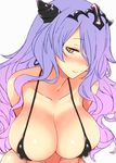  bare_shoulders bikini_top black_bikini_top blush breasts brown_eyes camilla_(fire_emblem_if) cleavage closed_mouth collarbone covered_nipples fire_emblem fire_emblem_heroes fire_emblem_if fuyube_rion hair_over_one_eye half-closed_eye halterneck head_tilt large_breasts long_hair looking_at_viewer nose_blush purple_hair shiny shiny_skin simple_background smile solo swimsuit tiara tsurime upper_body wavy_hair white_background 