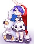  :3 animal animal_slippers antinomy_of_common_flowers black_dress blue_eyes blue_hair book capelet doremy_sweet dress full_body hat highres holding holding_book looking_up nightcap out_of_frame petting pom_pom_(clothes) satomachi sheep sheep_slippers simple_background slippers smile solo_focus standing tail tapir_tail touhou white_background younger 