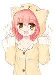  :d animal_ears animal_hood bangs beige_shirt blush buttons cat_ears cat_hood cat_pajamas collarbone double_v eyebrows_visible_through_hair hair_between_eyes hands_up hood hood_up long_sleeves looking_at_viewer open_mouth original pajamas pinching_sleeves pink_hair simple_background sleeves_past_wrists smile solo upper_body v white_background wide_sleeves yellow_eyes yuuhagi_(amaretto-no-natsu) 
