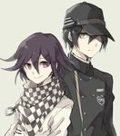  2boys asuna_(doruru-mon) baseball_cap black_hair blazer buttons checkered_scarf couple danganronpa frown gold_eyes hat jacket long_sleeves matching_hair/eyes multiple_boys new_danganronpa_v3 ouma_kokichi purple_eyes purple_hair saihara_shuuichi scarf school_uniform short_hair simple_background smile straitjacket uniform 