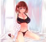  ai-chan_(tawawa) black_bra black_legwear blue_eyes blush bow bow_bra bow_panties bra breasts brown_hair cleavage commentary_request full_body getsuyoubi_no_tawawa highres large_breasts looking_at_viewer musui_marein navel off-shoulder_shirt on_bed open_clothes open_shirt panties shirt short_hair sitting socks solo stomach underwear wariza 