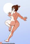  against_glass ass back backboob barefoot black-framed_eyewear breasts brown_eyes brown_hair curvy glasses hair_bun hair_ornament hair_stick kneepits large_breasts looking_back mei_(overwatch) noise_tanker nude overwatch short_hair shoulder_blades soles solo toes 