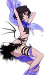 armpits arms_up bad_id bad_twitter_id bangs black_eyes black_hair blue_neckwear blue_ribbon character_request commentary copyright_request dress feet_out_of_frame flat_chest from_side hair_between_eyes legband looking_back looking_to_the_side low_wings mo_(mocopo) navel restrained ribbon short_hair simple_background slime sweat tentacles torn_clothes torn_dress torn_ribbon white_background wings 