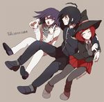  1girl 2boys ahoge black_hair black_hat black_legwear blazer buttons checkered_scarf danganronpa eyes_closed gold_eyes hair_ornament hairclip happy hat jacket matching_hair/eyes multiple_boys new_danganronpa_v3 ouma_kokichi pants pantyhose purple_eyes purple_hair saihara_shuuichi scarf school_uniform shirt short_hair skirt smile straitjacket trio uniform witch_hat yumeno_himiko 