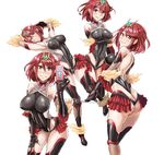  armpits ass bare_shoulders breasts cellphone cosplay covered_navel damagefloor earrings fingerless_gloves gloves hair_ornament highres homura_(xenoblade_2) jewelry large_breasts looking_at_viewer mizuki_yukikaze mizuki_yukikaze_(cosplay) phone red_eyes red_hair short_hair shorts sidelocks simple_background smile solo taimanin_(series) taimanin_suit taimanin_yukikaze tiara white_background xenoblade_(series) xenoblade_2 
