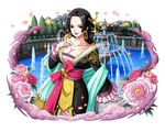  black_hair blue_eyes boa_hancock bodskih breasts cleavage collarbone earrings flower jewelry large_breasts long_hair looking_at_viewer one_piece parted_lips pink_flower red_flower smile snake_earrings solo standing transparent_background 