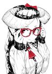  adjusting_eyewear animal_ears ascot buttons closed_mouth collared_shirt commentary_request glasses hair_ribbon highres horned_girl_(jaco) horns jaco long_hair long_sleeves looking_at_viewer monochrome original red-framed_eyewear red_eyes red_neckwear red_ribbon ribbon sash shirt simple_background solo spot_color white_background 