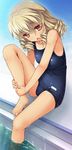  :o bangs barefoot blonde_hair breasts chestnut_mouth chima_q commentary_request drill_hair eyebrows_visible_through_hair highres knee_up leg_hug looking_at_viewer luna_child one-piece_swimsuit one-piece_tan open_mouth orange_eyes pool school_swimsuit short_hair small_breasts solo swimsuit tan tanline toes touhou water 