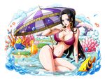  arm_support bikini black_hair blue_eyes boa_hancock bodskih breasts cleavage collarbone earrings finger_to_mouth fish jewelry large_breasts long_hair looking_at_viewer o-ring o-ring_bikini one_piece open_mouth red_bikini sitting snake_earrings solo swimsuit transparent_background very_long_hair 