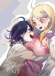  1boy 1girl ahoge blonde_hair blue_eyes breasts couple danganronpa hair_ornament hairpin hug jewelry kyouichi matching_hair/eyes musical_note musical_note_hair_ornament necktie new_danganronpa_v3 open_mouth ouma_kokichi purple_eyes purple_hair short_hair sweater sweater_vest 