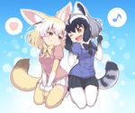  ;d animal_ears black_hair black_skirt blonde_hair blush bow bowtie breasts brown_eyes commentary_request common_raccoon_(kemono_friends) eighth_note fang fennec_(kemono_friends) fox_ears fox_tail fur_trim gloves grey_hair heart kemono_friends multicolored_hair multiple_girls musical_note one_eye_closed open_mouth pantyhose paw_pose pleated_skirt raccoon_ears raccoon_tail ransusan short_hair short_sleeves skirt small_breasts smile speech_bubble spoken_heart spoken_musical_note tail thighhighs v_arms white_hair white_legwear white_skirt yellow_legwear 