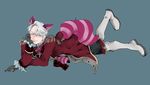  alice_in_wonderland animal_ears bad_id bad_pixiv_id black_gloves blue_eyes boots cat_ears cat_tail cheshire_cat cheshire_cat_(cosplay) chin_rest cosplay epaulettes gloves highres knee_boots lying male_focus on_stomach saeko_(artist) silver_hair smile tail viktor_nikiforov yuri!!!_on_ice 