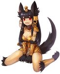  :d alternate_costume animal_ears anubis_(monster_girl_encyclopedia) bangs belt_collar blush breasts claws cleavage collar earrings eyebrows_visible_through_hair fang full_body hair_ornament highres jewelry looking_at_viewer medium_breasts monster_girl monster_girl_encyclopedia open_mouth paws red_eyes scale_armor shoulder_armor simple_background sitting smile snake_hair_ornament solo sookmo spaulders tail tail_raised wariza white_background wolf_ears wolf_tail 