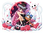  black_dress black_eyes black_hat bodskih breasts cleavage collarbone dress floating_hair flower ghost gothic_lolita hat hat_flower holding holding_umbrella kumacy layered_dress lolita_fashion long_hair looking_at_viewer medium_breasts one_piece perona petals pink_flower pink_hair red_lips red_umbrella sleeveless sleeveless_dress smile solo standing strapless strapless_dress transparent_background umbrella very_long_hair white_flower 