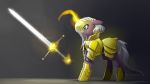  armor digital_media_(artwork) equine fan_character female feral hair horn mammal melee_weapon my_little_pony simple_background solo standing stanidng sword underpable unicorn weapon white_hair 