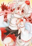  animal_ears bare_shoulders breasts detached_sleeves geta hat inubashiri_momiji kimidori_kisuke large_breasts looking_at_viewer marker_(medium) open_mouth pom_pom_(clothes) red_eyes ribbon-trimmed_sleeves ribbon_trim short_hair sideboob silver_hair solo tail tokin_hat touhou traditional_media wolf_ears wolf_tail 